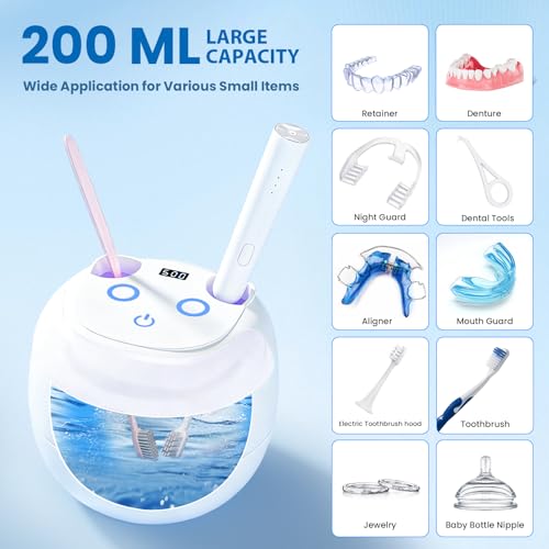 Ultrasonic Retainer Cleaner Machine, 45kHz Ultrasonic Cleaner for Dentures, U-V Light, 4 Modes for Retainer, Dentures, Aligners, Mouth Guards, Night Guards, Toothbrush Heads, Whitening Trays, Jewelry
