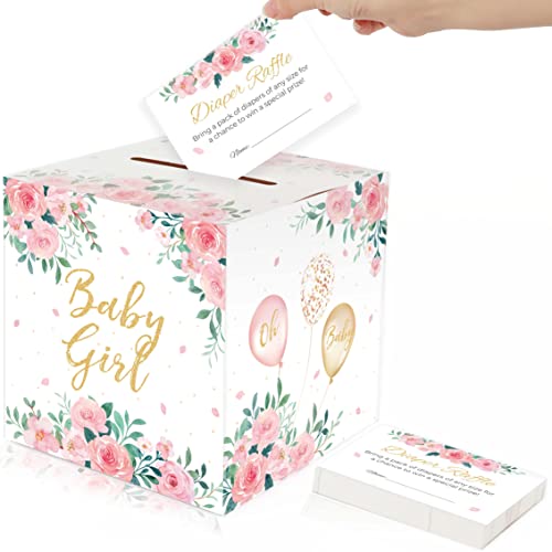 50 Pieces Floral Diaper Raffle Tickets with Baby Shower Holder Box Pink ...