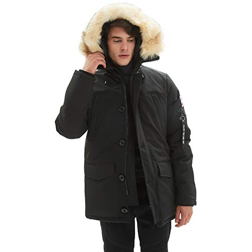 PUREMSX Men's Down Alternative Jacket Insulated Expedition Mountain Thicken Lined Fur Hooded