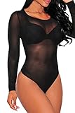 Pink Queen Women's Sexy Bodycon Sheer Mesh Long Sleeve Bodysuit Jumpsuits
