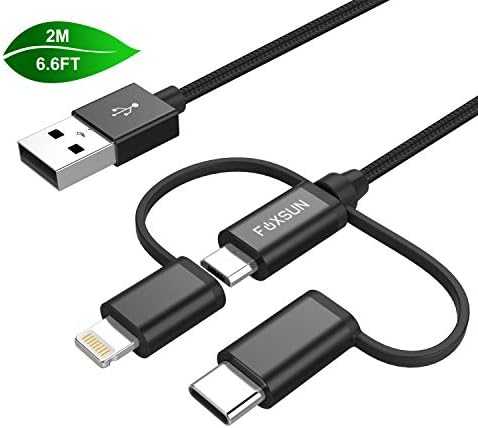 Multi Charging Cable MFi Certified Nylon Braided, Foxsun 6.6 ft/2m 3 in 1 USB Charger Cord with 8Pin Lightning/USB Type C/Micro USB Connector for iPhone, Samsung, LG, Nexus Smartphones and More-Black