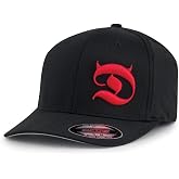 Horned D 6-Panel Men's Cap &ndash; Baseball Hat w/ Curved Bill, Red Front &amp; Back Embroidery Design, True Fit - Black