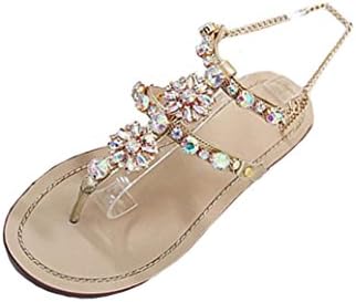 Womens Sandals,kaifongfu Summer Flat Shining Rhinestones Chain Sandals T-Strap Comfortable Bohemian Beaded Shoes(36~47) (36- US:5.5, Gold)