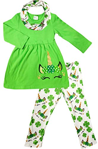 Boutique Little Girls St Patrick's Day Magical Unicorn Tunic Top Leggings Scarf Set 7/3XL