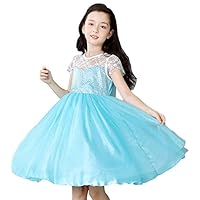 LEHNO Snow Queen Princess Elsa Costumes for Girls Birthday Party Dress Up for Little Girls (8911#Short Sleeve, 7-8Y-140cm)