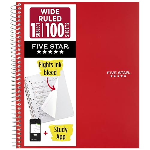 Five Star Spiral Notebook + Study App, 1 Subject, Wide Ruled Paper, 8" x 10-1/2", 100 Sheets, Fights Ink Bleed, Water Resistant Cover, Fire Red (72017)