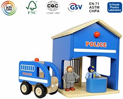 Masterkidz Wooden Police Station Mini Playset with a wooden police car, a policeman, a prisoner(MK00903)