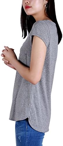 HIYIN Womens Cap Sleeve Relaxed Fit T-Shirt Gray Casual Tops Side Slit With Pocket