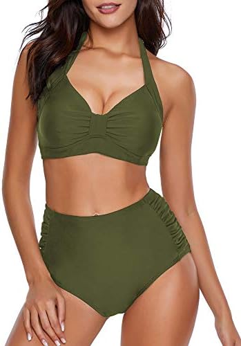 ACKKIA Women's Halter Self Tie Ruched High Waist Two Pieces Bikini Set Swimsuits