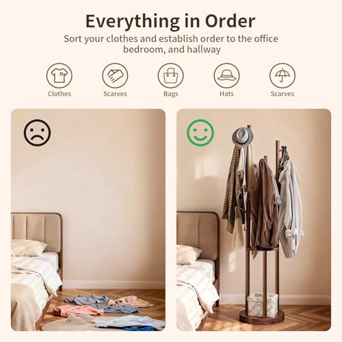Solid Wood Rotary Coat Rack Freestanding with 3 Storage Shelves & 9 Hooks, Coat Tree for Entryway, Livingroom, Bedroom, Coat Hanger Stand for Coats, Scarves, Handbags, Hat