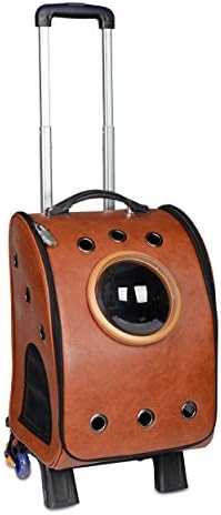 Petkuguo Foldable Detachable Airport Pet Carrier with Removable Wheels Travel Leather Rolling Carrier for Dogs/Cats, Brown
