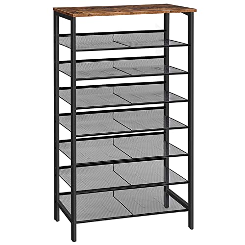HOOBRO Vertical Shoe Racks for Entryway, 8 Tier Tall Shoe Storage Shelf for Small Space, Narrow Shoe Racks for Bedroom, Industrial Shoes Rack Organizer, 21-24 Pairs of Shoes, Rustic Brown EBF18XJ01