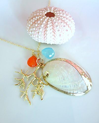 Gold Shell Coral Blue Chalcedony Seahorse Coral Gold Filled Necklace, Blue Orange Shell Beach Necklace, Moana Beach Shell Necklace