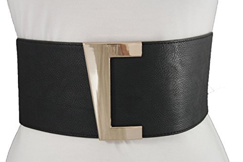 TFJ Women's Fashion Corset Belt Wide Hip Waist Faux Leather Elastic Metal Gold Buckle Small Medium Black