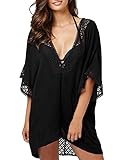 luvamia Women's Lace Trim Cutout Plunge Neck Loose Swimsuit Cover up Beach Wear