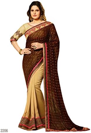 Graceful Dark Brown and Golden Beige Net Chiffon saree with blouse piece