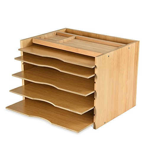Bamboo File Organizer Desk Paper Sorter with 5 Adjustable Shelves Dividers Workspace Organizer with Top Storage Parts