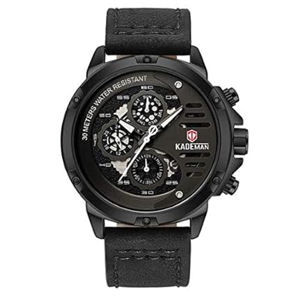 Kademan Black Business Casual Chronograph Waterproof Leather Strap Day Display Watch for Men and Boys