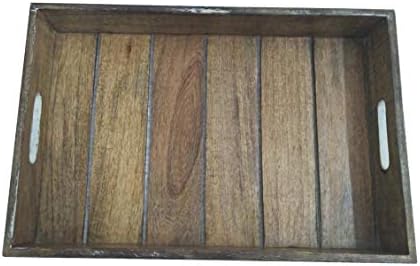 Bliss Decor Craft Wooden Handicraft Mango Wood Serving Tray with Aluminium Handle for Dinning Table_040_0001_Brown Color_Size_16 X 10 X 3