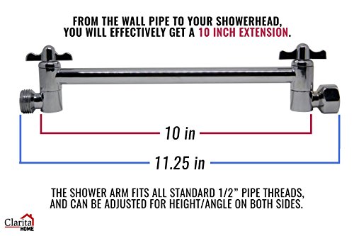 Adjustable Shower Arm Extension 10" Long - Stainless Steel Chrome Finish - The Only Arm Designed With a GEAR JOINT That Won't Slip! Our Long Shower Extender Pipe Can Hold A Rainfall Shower Head System