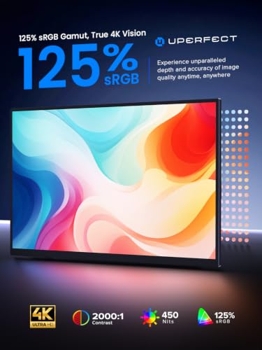 UPERFECT 4K Portable Monitor Touchscreen, 15.6” 125% sRGB Laptop Monitor, 3840 * 2160 UHD, 450 Nits Ultra-Slim Monitor, USB-C & MINI HDM, VESA & Stand, Travel Screen for Computer, PC, Game Consoles