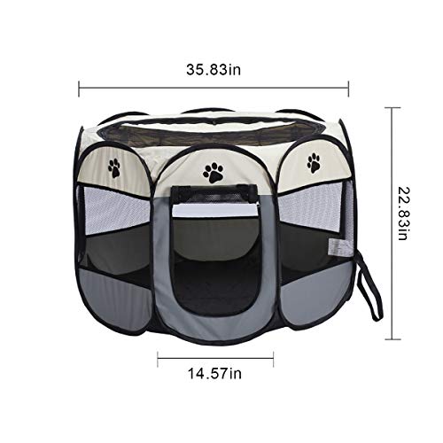 Portable Foldable Pet Dog Cat Playpen Crates Kennel Playpen Tent House Playground, Indoor and Outdoor Use, Gray and White (35.8X 22.8 inch)
