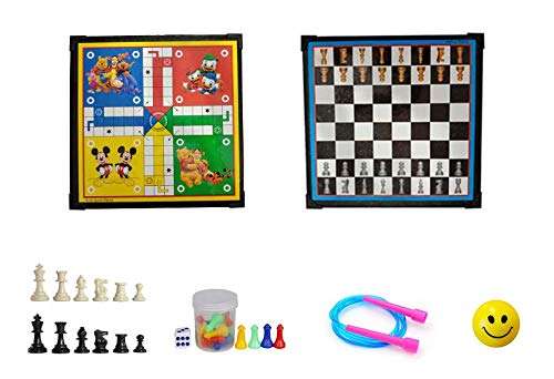 SN Sport Ludo and Chess Board Combo Pack with Free Nylon Skipping Rope and Smiley face Ball