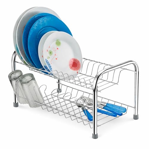 Escorredor de Louça 13 Pratos Duplo Cromado com Porta Copos – Aço Inox, 2 Andares, Alta Capacidade, Anticorrosão Premium