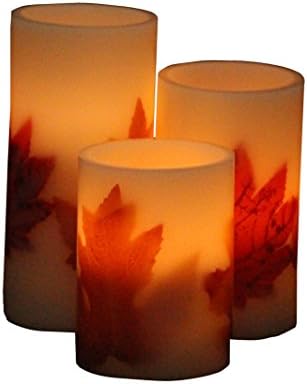 Set of 3, Red Maple Leaf Flameless LED Candle with Timer, Work with 2 AA Battery