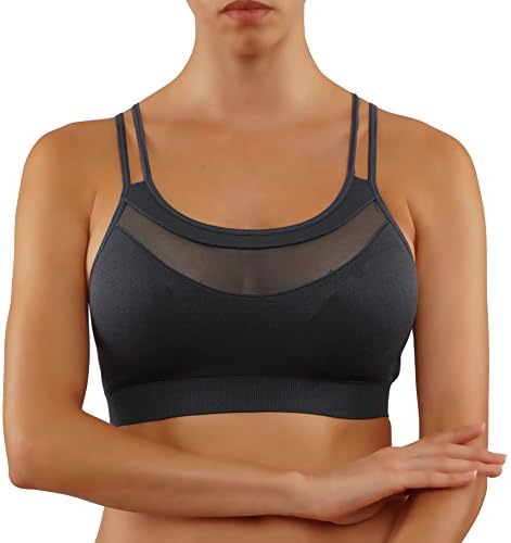 Vesi Star Women's Yoga Top Wirefree Removable Padding Strappy Mesh-Trim Sports Bra With Light to Medium Support (M, VS613-CHA)