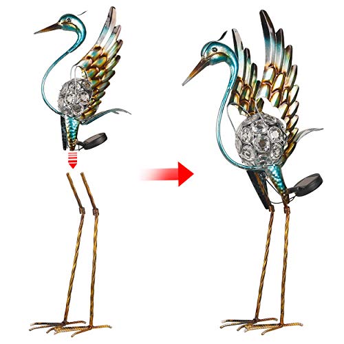 Kircust Garden Crane Standing Yard Art Ornaments Statue, Outdoor Metal&Glass Heron Bird Sculpture Waterproof Solar Powered LED Lights for Backyard Lawn Patio Walkway and Home Decor, Blue&Gold, 26-Inch