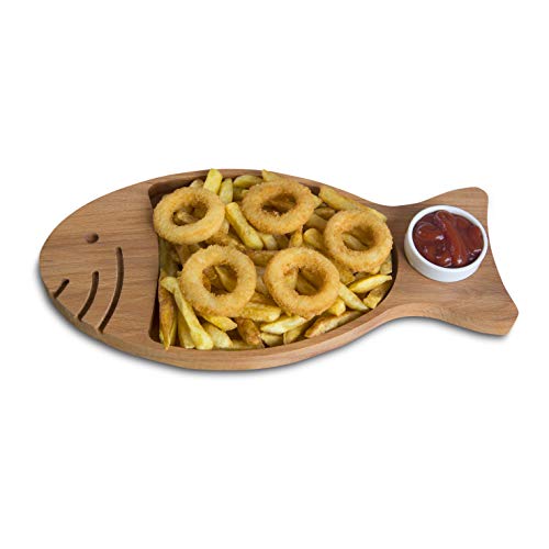 The Mammoth Design Chips and Dip Serving Platter | Serveware with Porcelain Sauce Bowl | Organic Wooden Snack, Appetizer Tray, Dish | Decorative Home, Kitchen Accessory | for Kids, Adults (Fish)