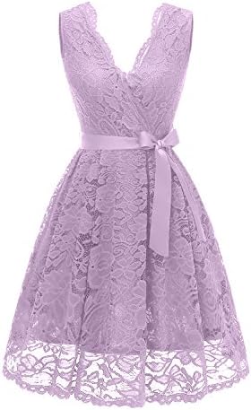 Vinvv Women's Short Vintage Floral Lace Dress V-Neck Sleeveless Belt Bridesmaid Party Cocktail Dress Lavender L