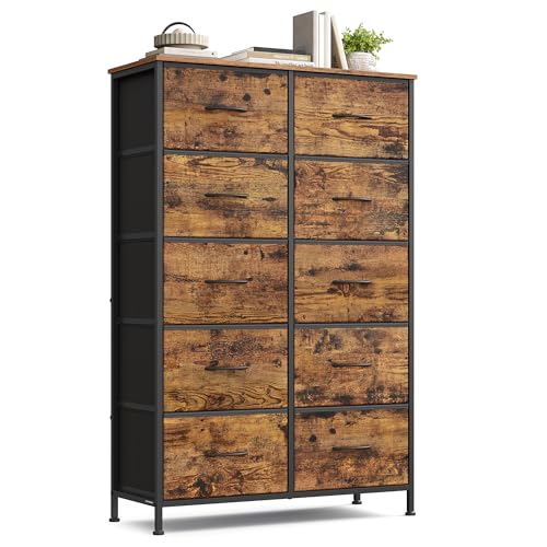 SONGMICS Cómoda, 10 Cajones de Tela, Acero, MDF, Tela no Tejida, para Dormitorio, Armario, Pasillo, Salón, Marrón Rústico y Negro Tinta MLGS125BH04