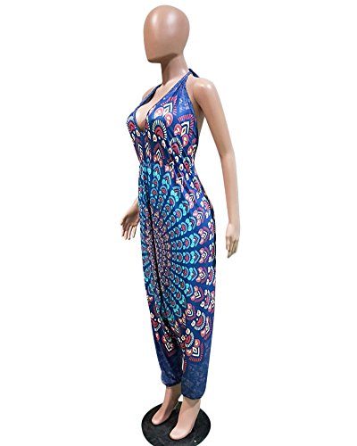 Kafiloe Womens Boho African Print Spaghetti Strap Loose Fit Harem Jumpsuit Rompers Pants Long Summer Casual Blue L