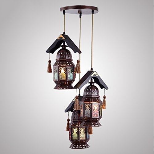 Retro Ceiling Pendant Light, 3 Head E27 Light Source Metal Painting Shade Morocco Art Chandelier Ceiling Lamp for Coffee Bar