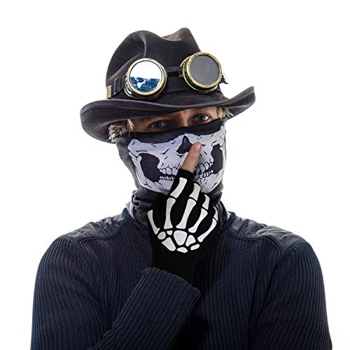 VIPITH 1 pair of Skeleton Gloves and 2-pack Skull Face Masks, Skeleton Pattern Glow in the Dark Knit Gloves and Seamless Multi Function Skull Tube Tubular Half Face Mask Headband Headwear Neck Warmer.