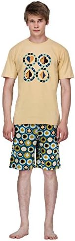 Men's 100% Cotton Knitted Comfort Fit Printed Pajama Short Bottoms and Tee Set, Lounge Sleep Wear Sets, PJs, Night Wear | Medium | Blue Color