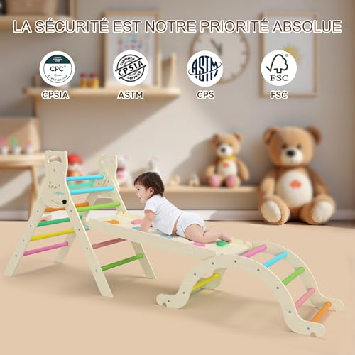 Yrthe Voitom Children's Climbing Ark Montessori Baby, 7 in 1 Wooden Climbing Triangle with Arch, Slide Ladder Cushion Slide, Baby Motor Skills for Toddlers 1 Years+ (Colour)