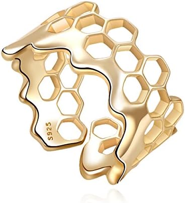 S925 Sterling Silver Honeycomb Geometry Gold-plated open Ring Adjustable Gift Jewelry