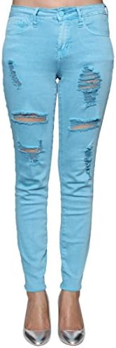 RIVA CURVE EJ82 Women's Ripped Destroyed Mid Rise Supper Skinny Ankle Jeans,BLUE TOPAZ,7