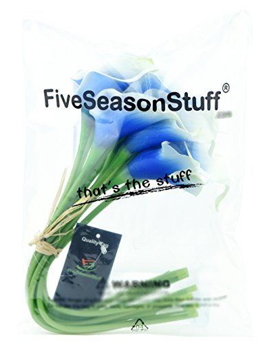 FiveSeasonStuff 10 Stems of Real Touch Calla Lillies (Latex) Artificial Flower Bouquet, Perfect for Wedding, Bridal, Party, Home Office Décor DIY (White & Blue)