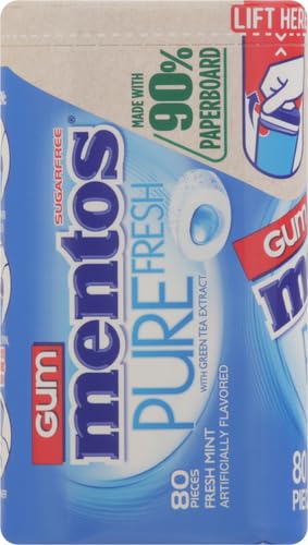 MENTOS PURE FRESH SUGAR-FREE CHEWING GUM WITH XYLITOL, FRESH MINT, IN A RECYCLABLE 90% PAPERBOARD BOTTLE, 80 PIECE (PACK OF 1)