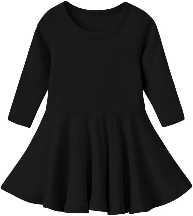 GSVIBKBaby Girls Cotton Dress Long Sleeve Toddler Girl Ruffle Dress Baby Solid Dresses Double Ruffle Sleeve Tie Back Dress