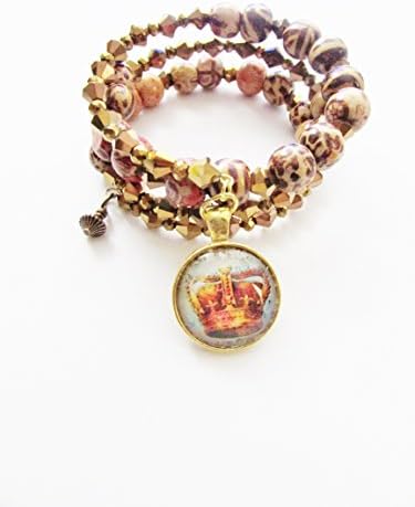 Memory wire triple wrap bracelet made with various bead types (wooden, glass, metal) &amp; a charms (crown). Memory wire retains its shape and fits all wrist sizes. (BJB581)