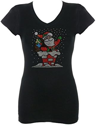 Women's Santa Clause in the Chimney Christmas Rhinestone Bling V-Neck T-Shirt