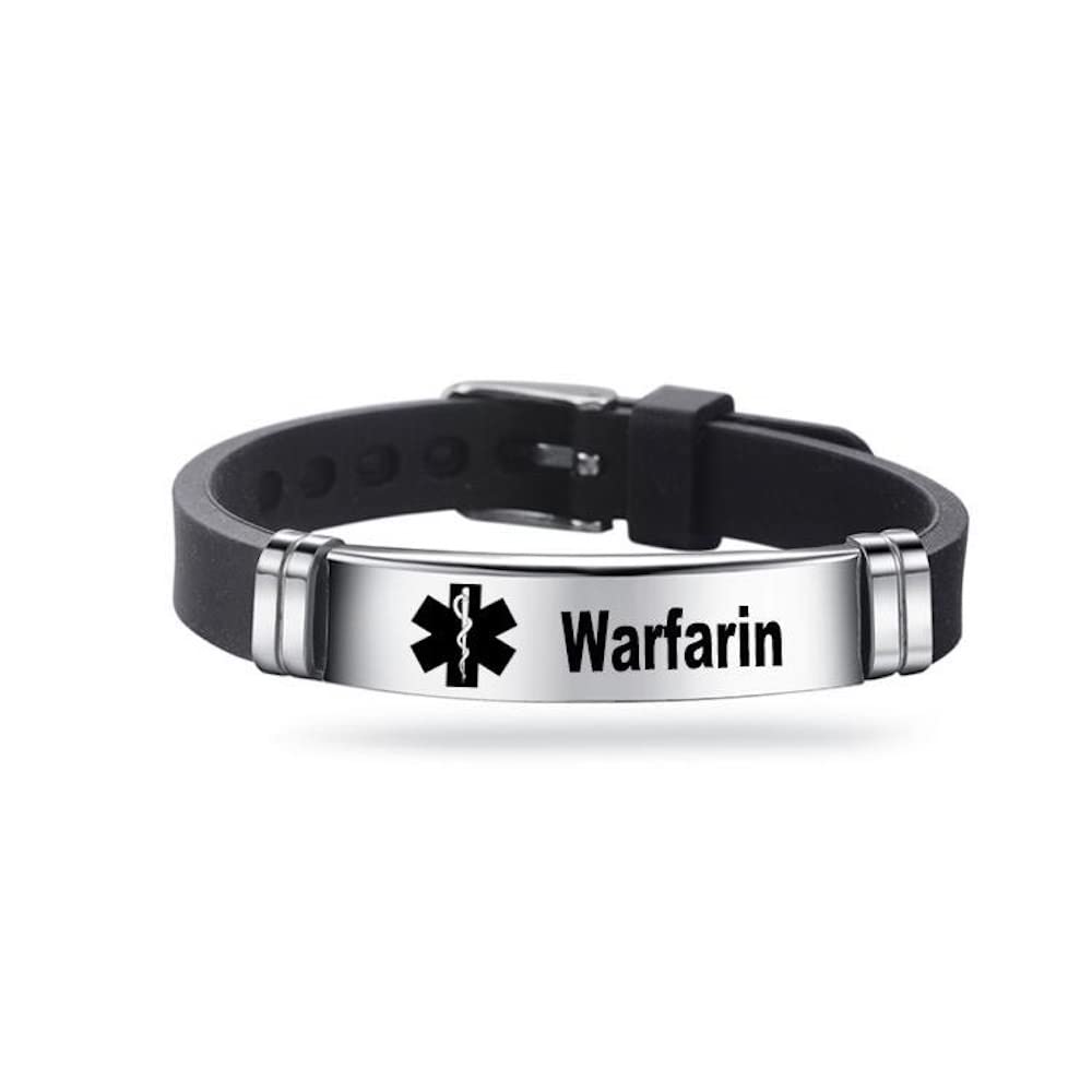Medical ID Me - Medical Alert Silicone Bracelets Emergency Medical Awareness Epilepsy Diabetes COPD Blood Thinner Men Women Stainless Steel Adjustable (Warfarin)