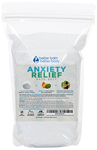 Anxiety Relief Bath Salt 32oz (2-Lbs) Epsom Salt With Ylang Ylang & Frankincese Essential Oils Plus Vitamin C All Natural Ingredients - Destress, Relax, & Relieve Tension Bath Soak