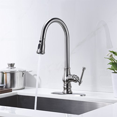 Kitchen Faucet Brushed Nickel with Pull Out Sprayer Delle Rosa Single Handle High Arc Swivel Brass Pre-rinse Kitchen Sink Faucets with Deck Plate