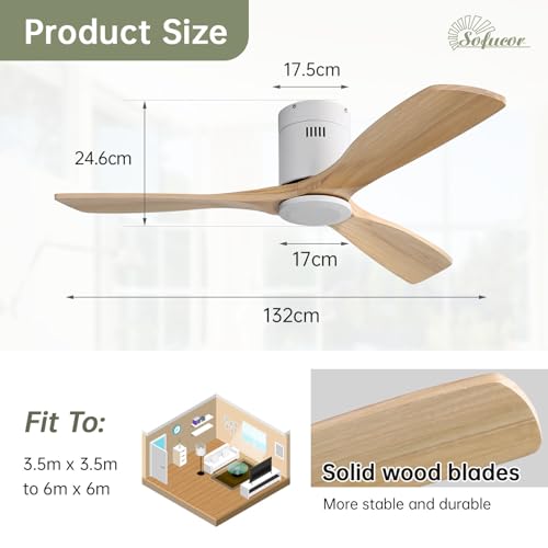 Sofucor 132 cm Solid Wood Ceiling Fan, 6 Speed, Control, Timer, DC Motor, Silent Ceiling Fan for Bedroom Living Room